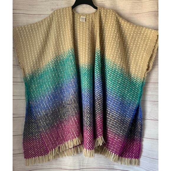 Colorful Ombre Gradient Open Front Poncho with Arm Holes and Fring Bottom - Picture 7 of 16